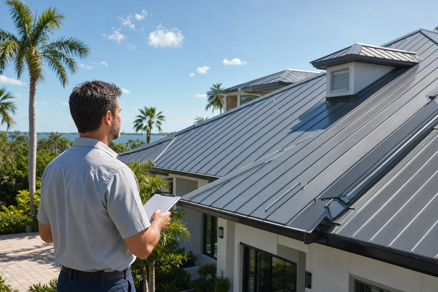 Roofing professional evaluating a standing seam metal roof in Tampa